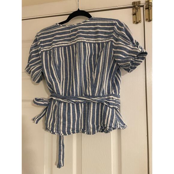 Max Studio short sleeve blue and white striped wrap top size medium NWT - Picture 3 of 8